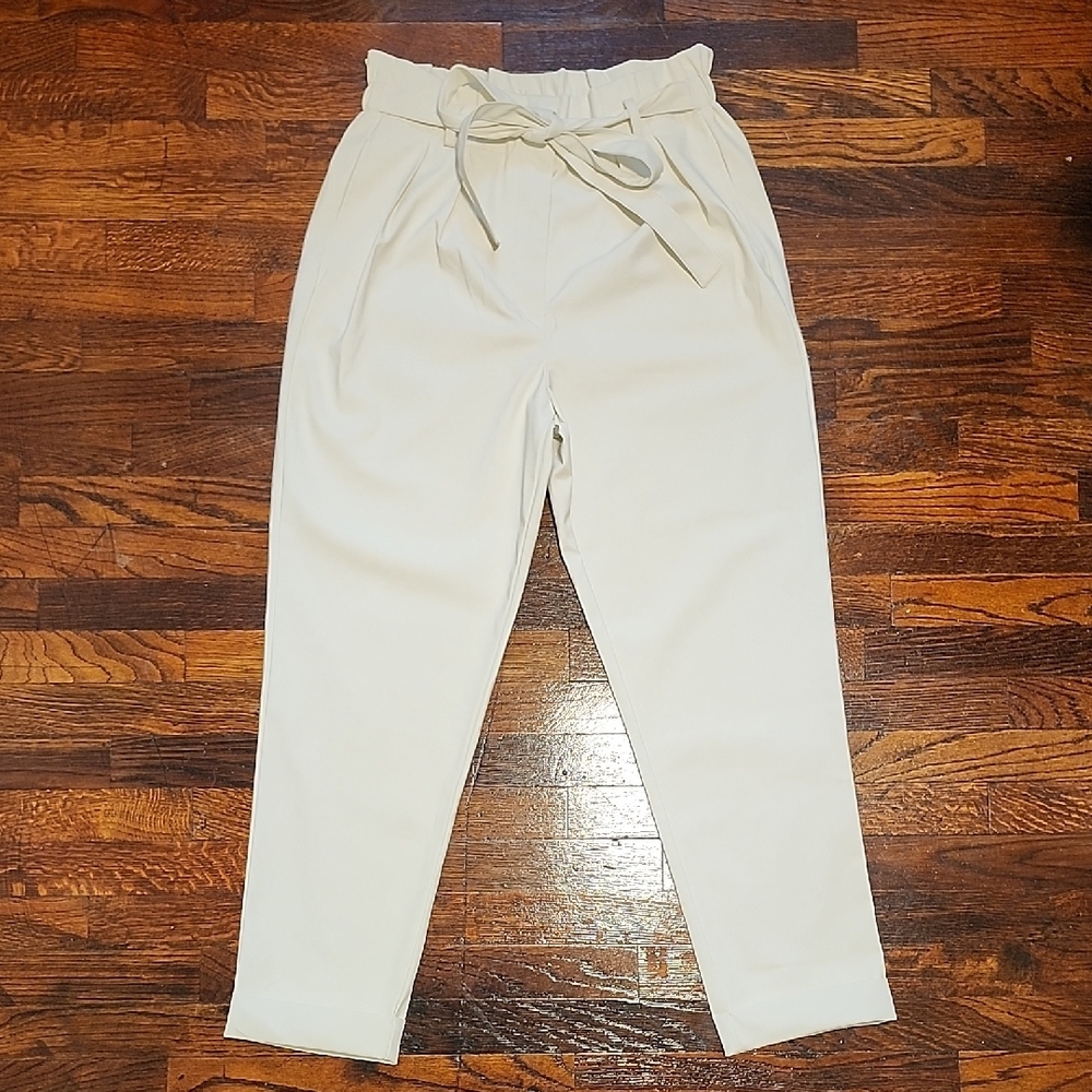EUC ALYA Elegant Cream Faux Leather Paperbag Waist Pants with Tie Belt Detail